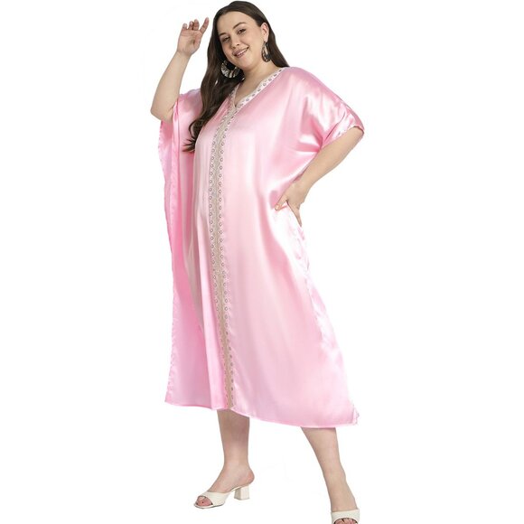 Gypsie Blu Women Summer Satin Embroidery Caftan Dress Beach Cover Up Maxi Dress - Picture 3 of 6